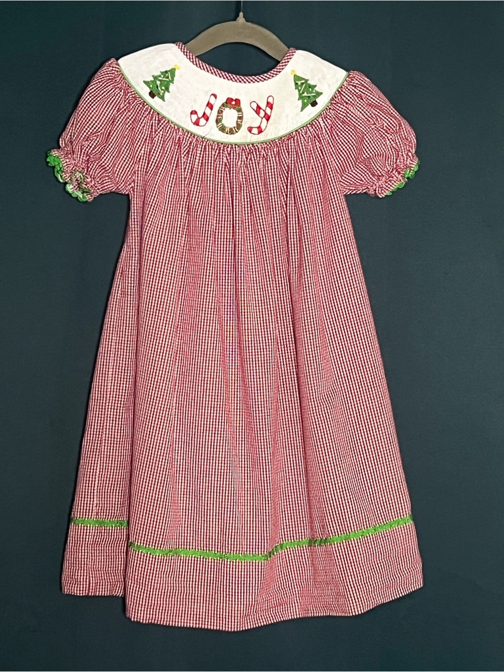 Girls Red Gingham 'Joy' Embroidered Holiday Dress